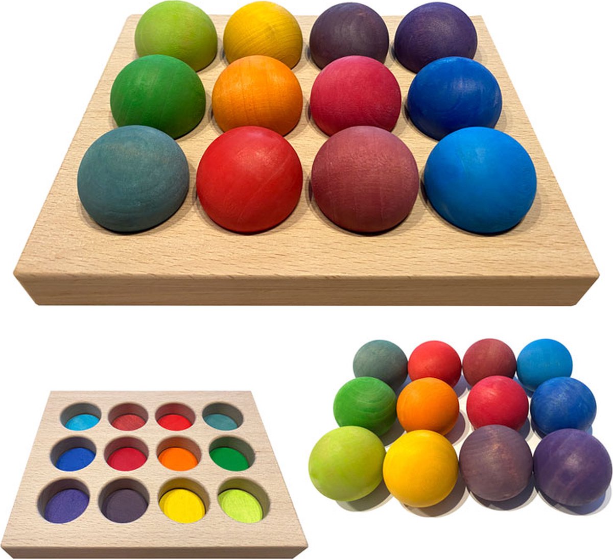 sorteerbord hout + 12 houten ballen regenboog|montessori sensory speelgoed